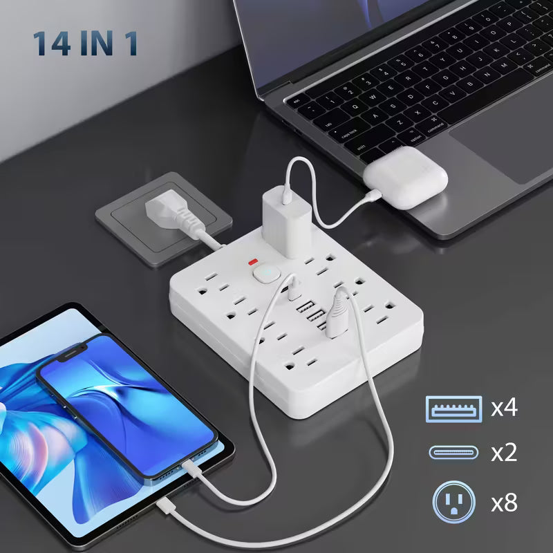 14-in-1 Power Strip with Surge Protection | 4 AC Outlets + 6 USB Ports (2 Type-C) with One-Touch Switch