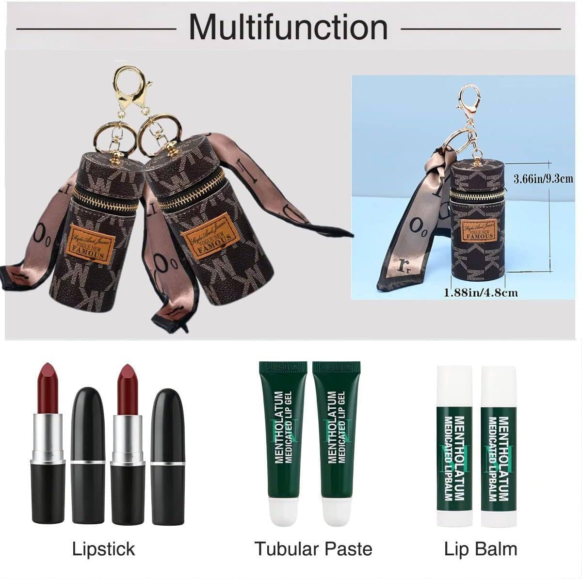 Mini Lipstick Holder Keychain with Zipper & Decorative Ribbon