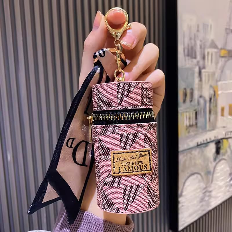 Mini Lipstick Holder Keychain with Zipper & Decorative Ribbon