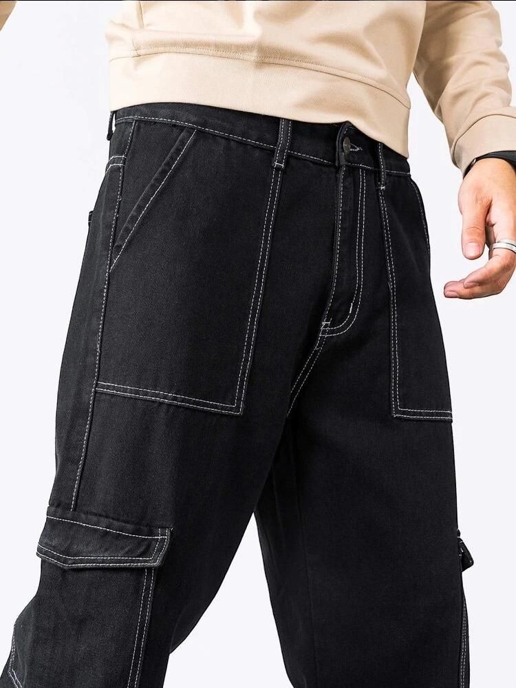 Men's Black Cargo Jeans with Multipocket Design - Cotton Fabric