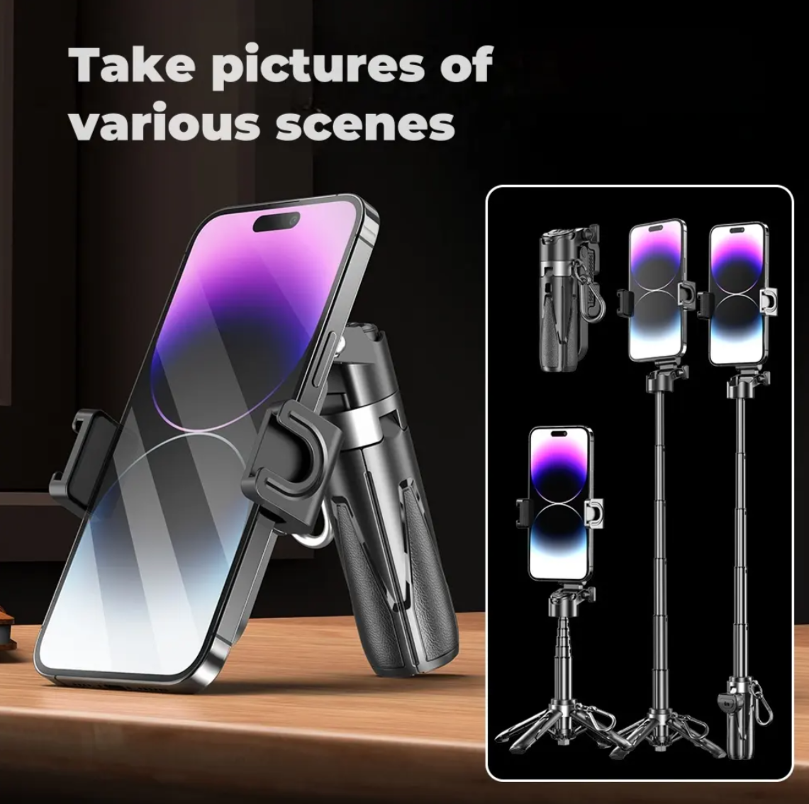 Shutter Click Mini Selfie Stick with Fill Light | 360° Rotation | Wireless Control | Tripod Stand