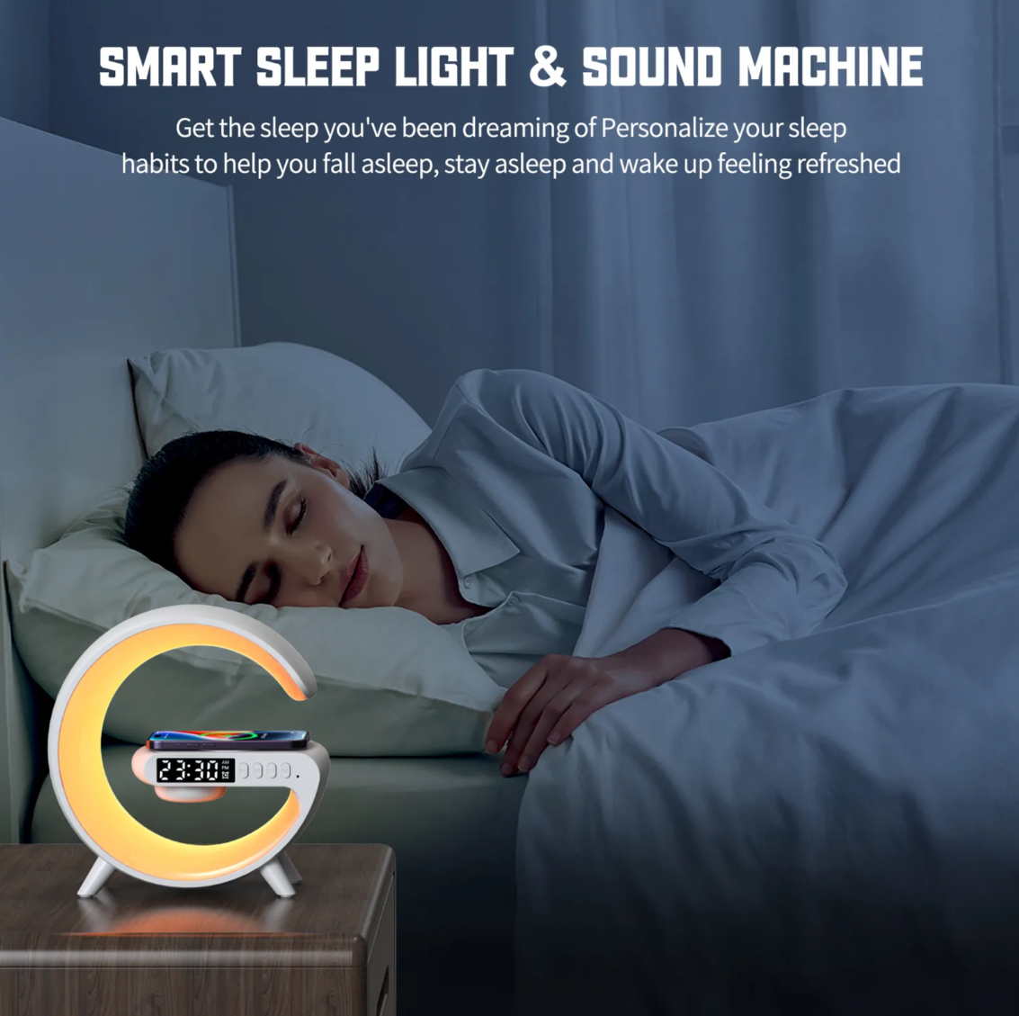 5-in-1 G-Shaped Wireless Charger with LED Lamp, Bluetooth Speaker, Alarm Clock & USB Interface
