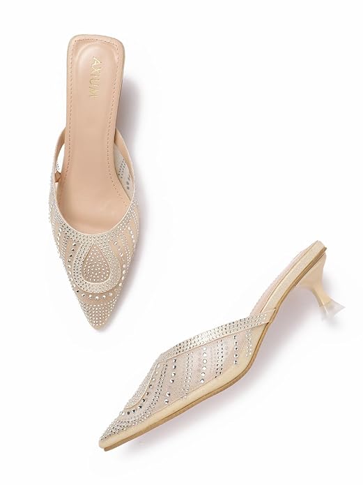 Women knitted embellished heel mules with elegant slip on design