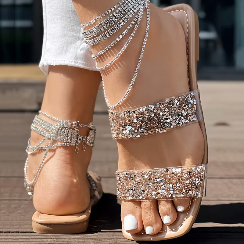 Rhinestone Square Toe Flat Slippers for Women | Chic Slip-On Open Toe Sandals (All-Season)