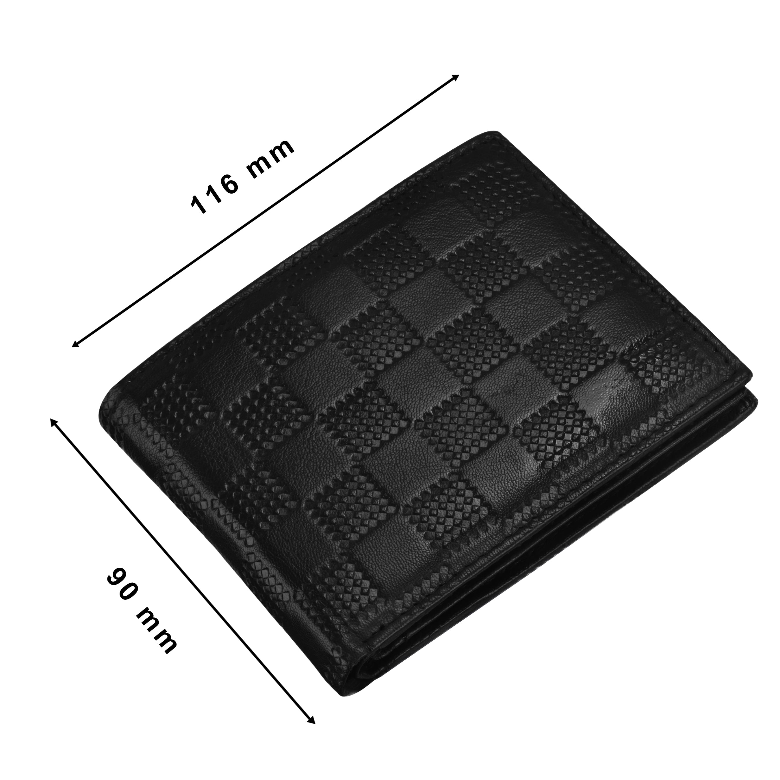 Black Leather Bi-Fold Wallet with RFID Blocking - Embossed Box Pattern, Zippered Coin Pocket, and ID Card Slot