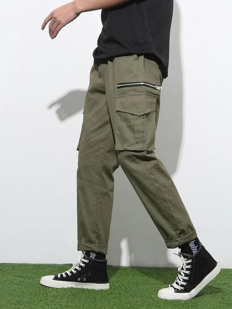 Men's Slim Fit Cargo Pants in Olive Green Cotton Fabric with Multiple Pockets for Utility