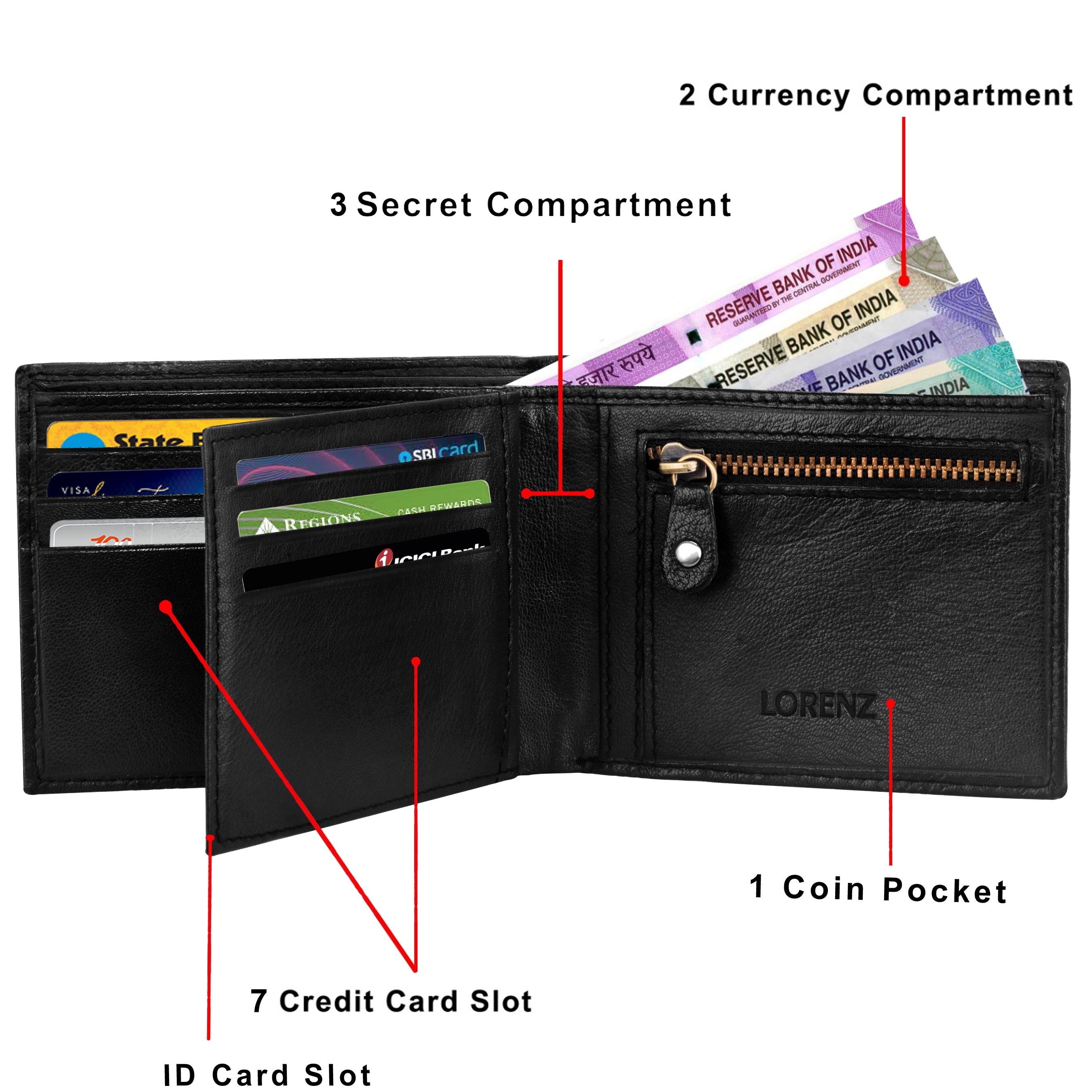 Black Leather Bi-Fold Wallet with RFID Blocking - Embossed Box Pattern, Zippered Coin Pocket, and ID Card Slot