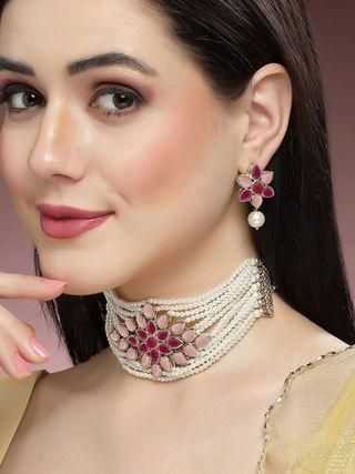 Karatcart Gold Plated Pearl Beaded Royal Pink and Baby Pink Kundan Stone Choker Necklace Set