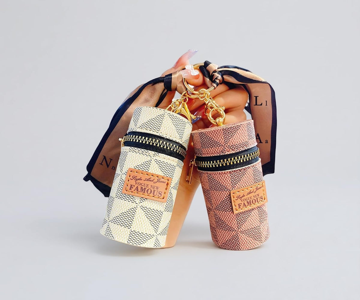 Mini Lipstick Holder Keychain with Zipper & Decorative Ribbon