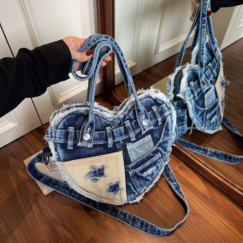 Vintage Distressed Blue Denim Shoulder Bag for Women – Minimalist Love Design Purse