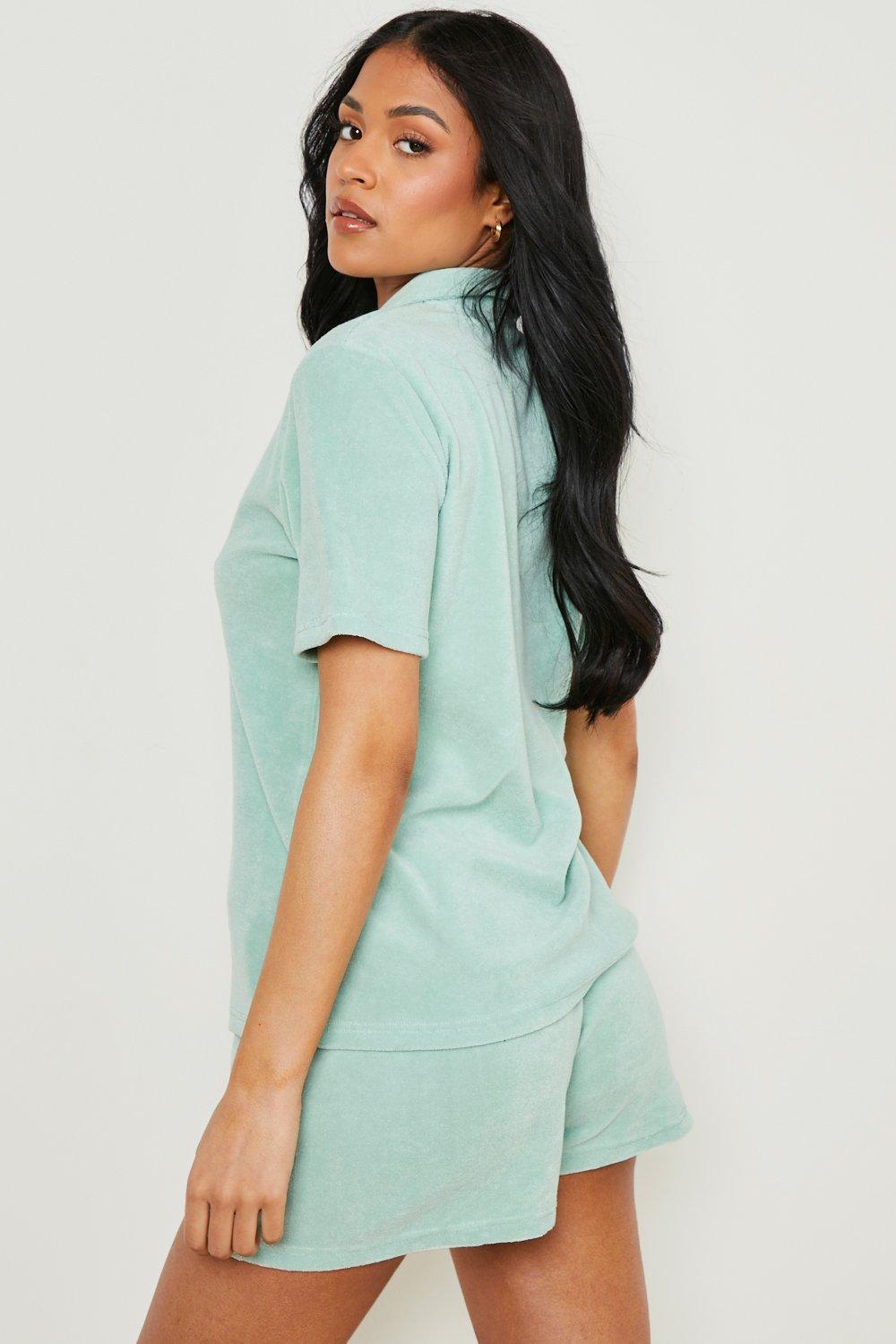Women's Sage Towelling Oversized Shirt And Short Co-ord Set