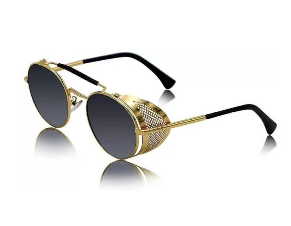 Chic UV Protection Round Sunglasses - Free Size for Men & Women in Elegant Black and Golden Accents